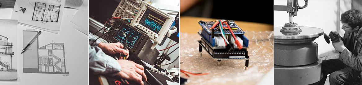 四张图片:学生打磨金属圆盘边缘, a circuit board/electronic piece, 有人在测试电频率, 一个学生操作的示波器, and blueprints of a building